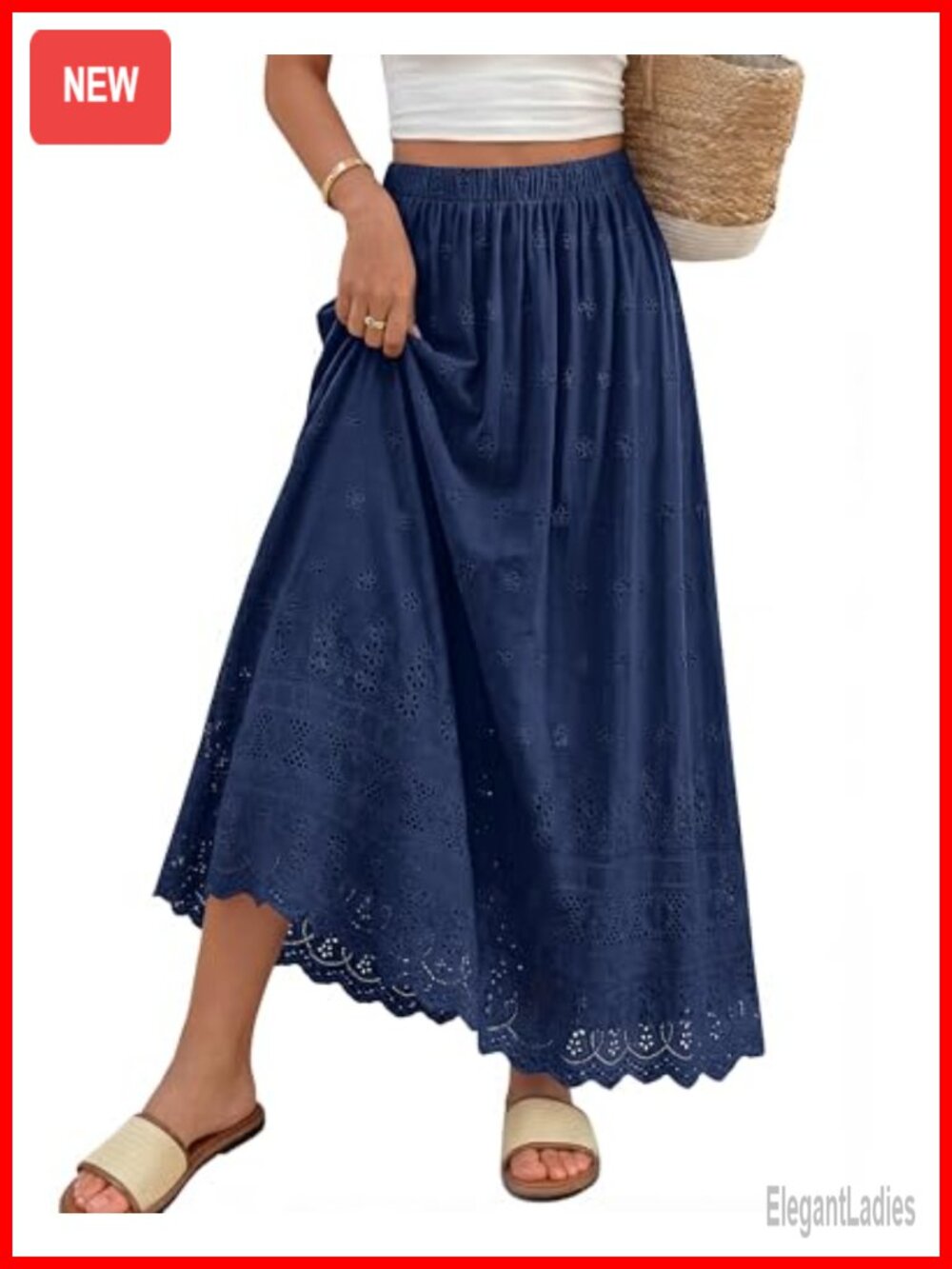 Women Boho Eyelet A-Line Cotton Flowy Maxi Skirt Elastic High Waist